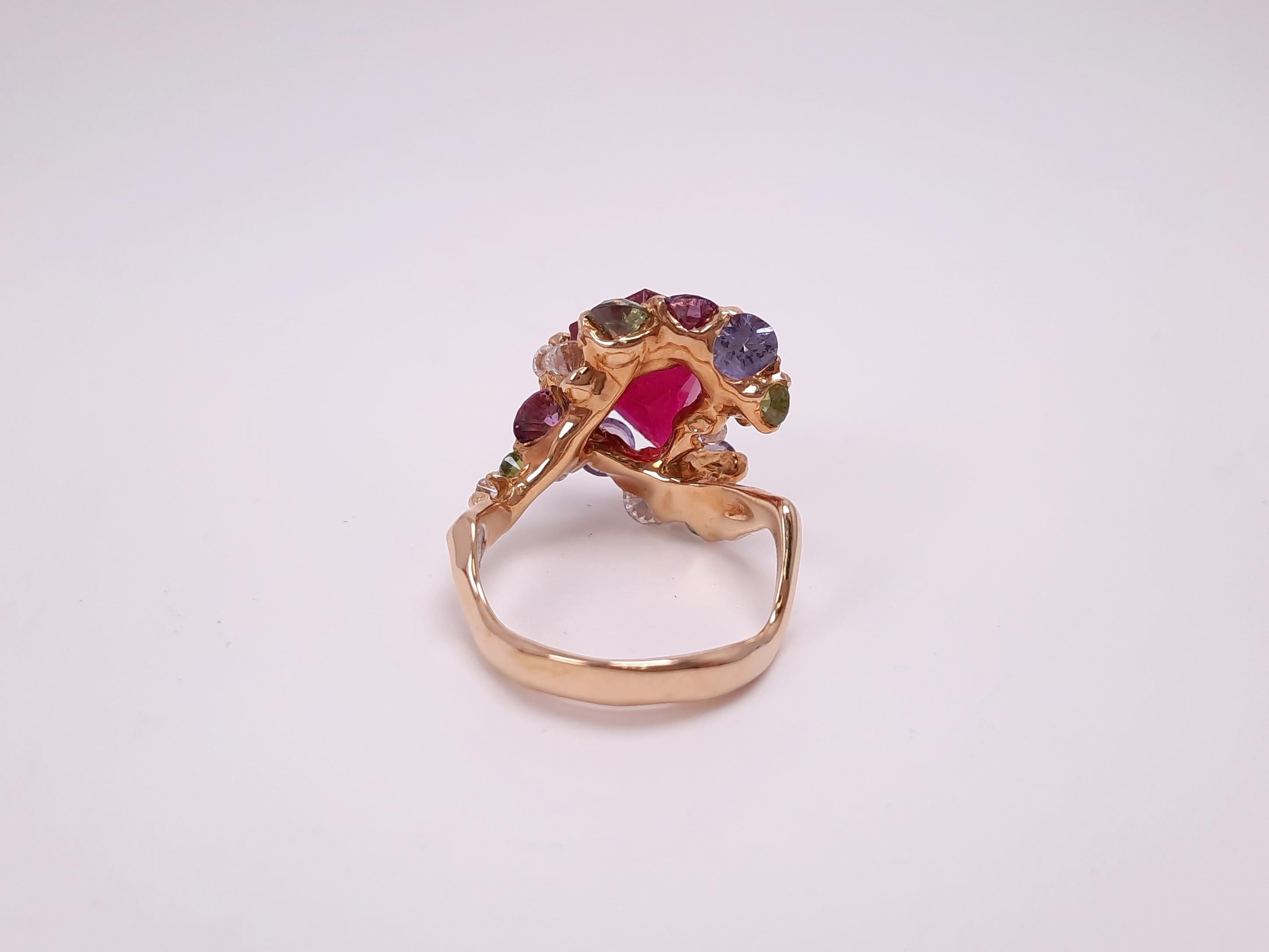 Kite Cut 18K Gold Handmade Rubellite Diamond Sapphire Demantoid Ring For Sale