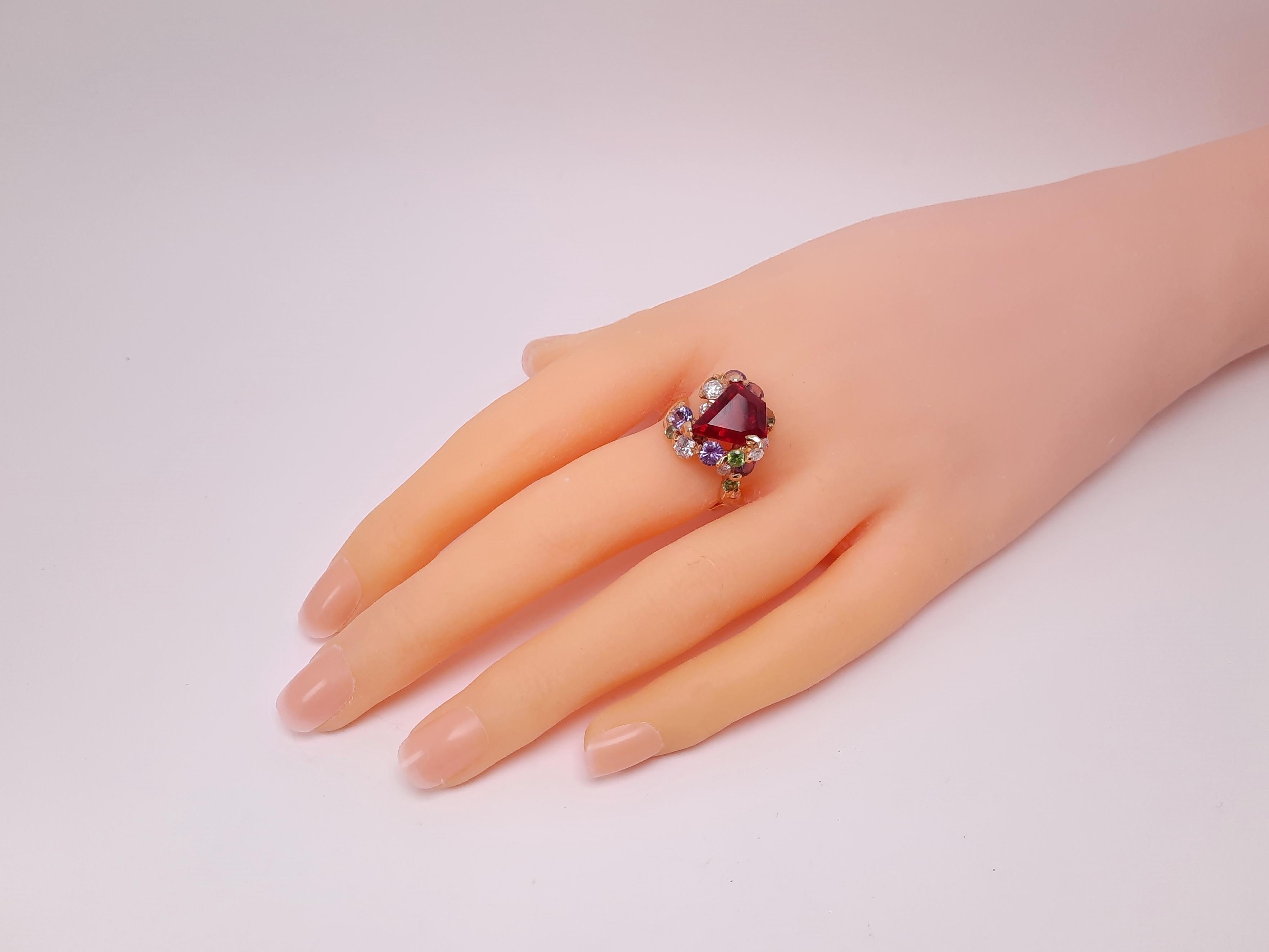 Women's 18K Gold Handmade Rubellite Diamond Sapphire Demantoid Ring For Sale