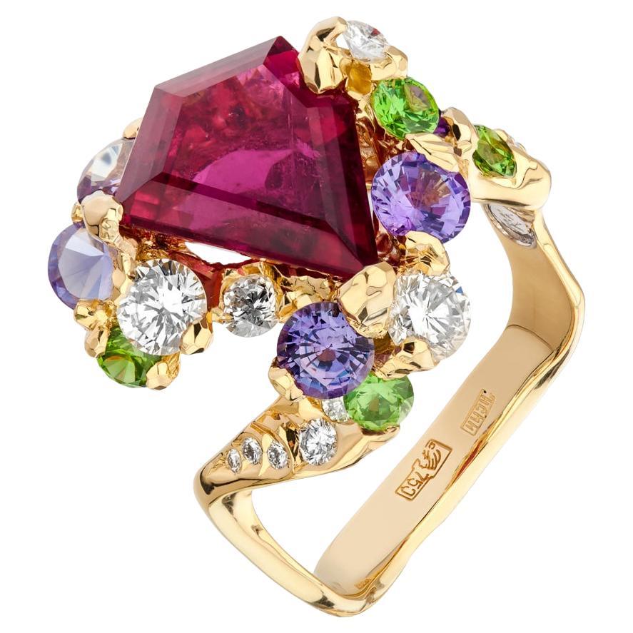 Bague en or 18 carats faite à la main, rubellite, diamant et saphir démantoïde