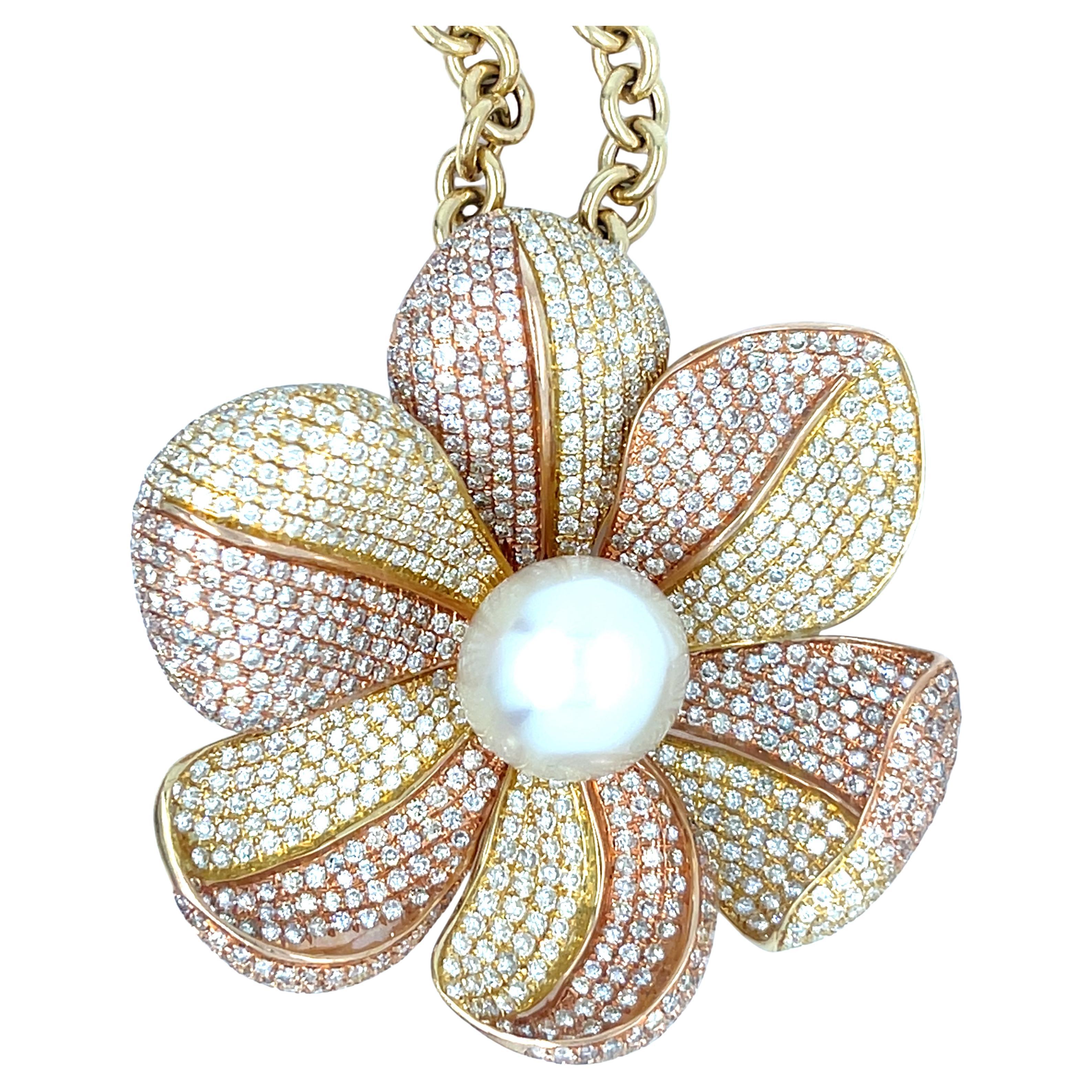 18K Gold Hasbani Gioielli 13mm Pearl & 9ct Diamond Pendant Necklace 23" 38.2g