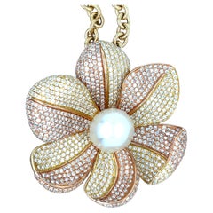 18K Gold Hasbani Gioielli 13mm Pearl & 9ct Diamond Pendant Necklace 23" 38.2g