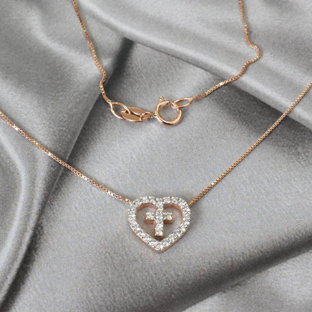 Women's or Men's 18k Gold Heart Cross Diamond Necklace Valentine Jewelry For Sale