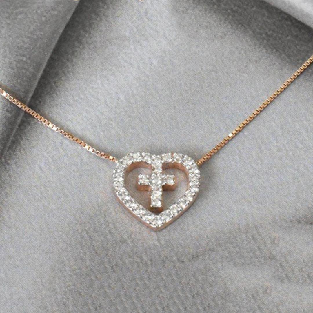 18k Gold Heart Cross Diamond Necklace Valentine Jewelry For Sale 1