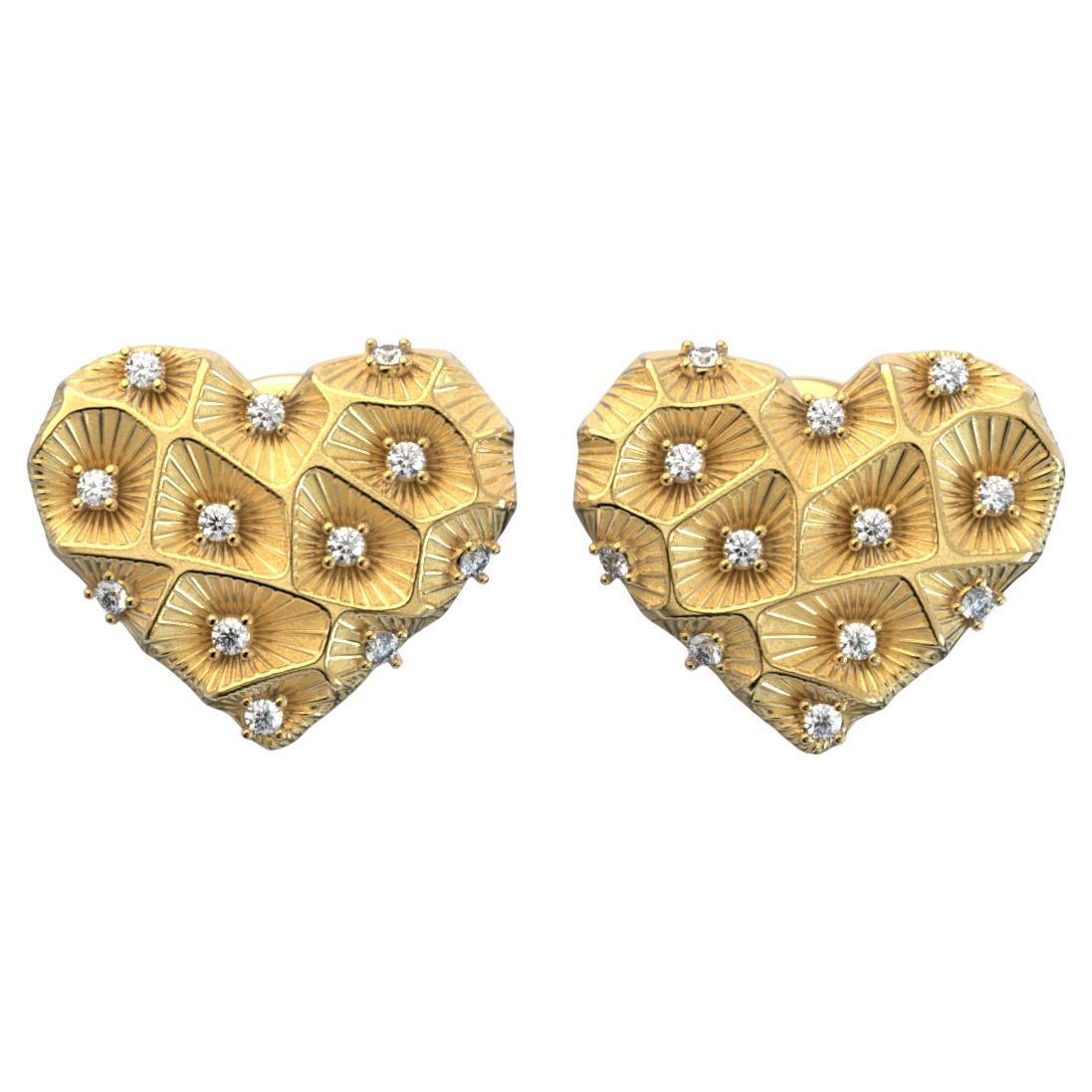 18k Gold Heart Diamond Stud Earrings With Coral Texture - Italian Jewelry