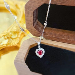 18K Gold Heart Shaped Ruby Halo Diamond Necklace