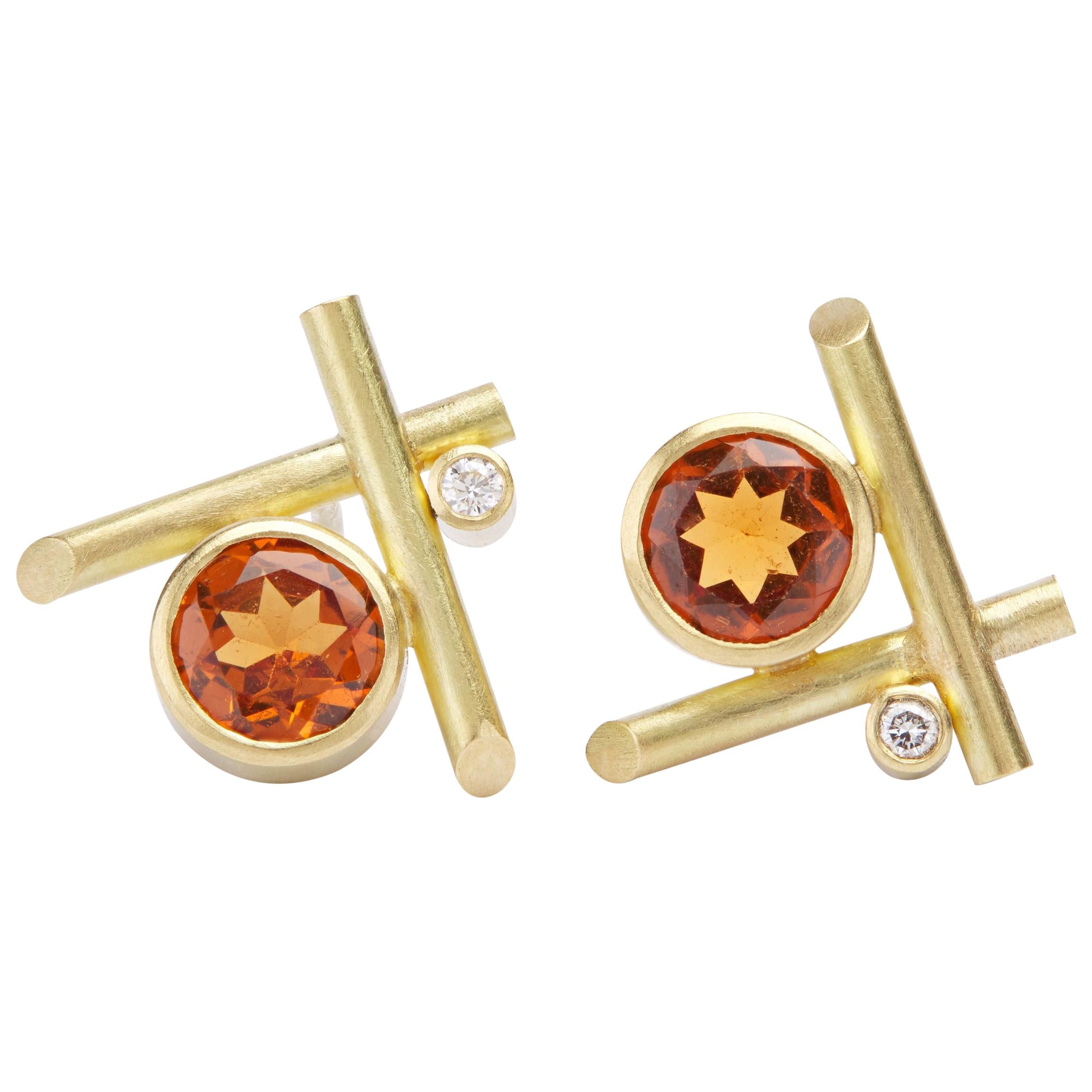 18K Gold, Hessonite Garnet, and Diamond Crisscross Stud Pierced Earrings