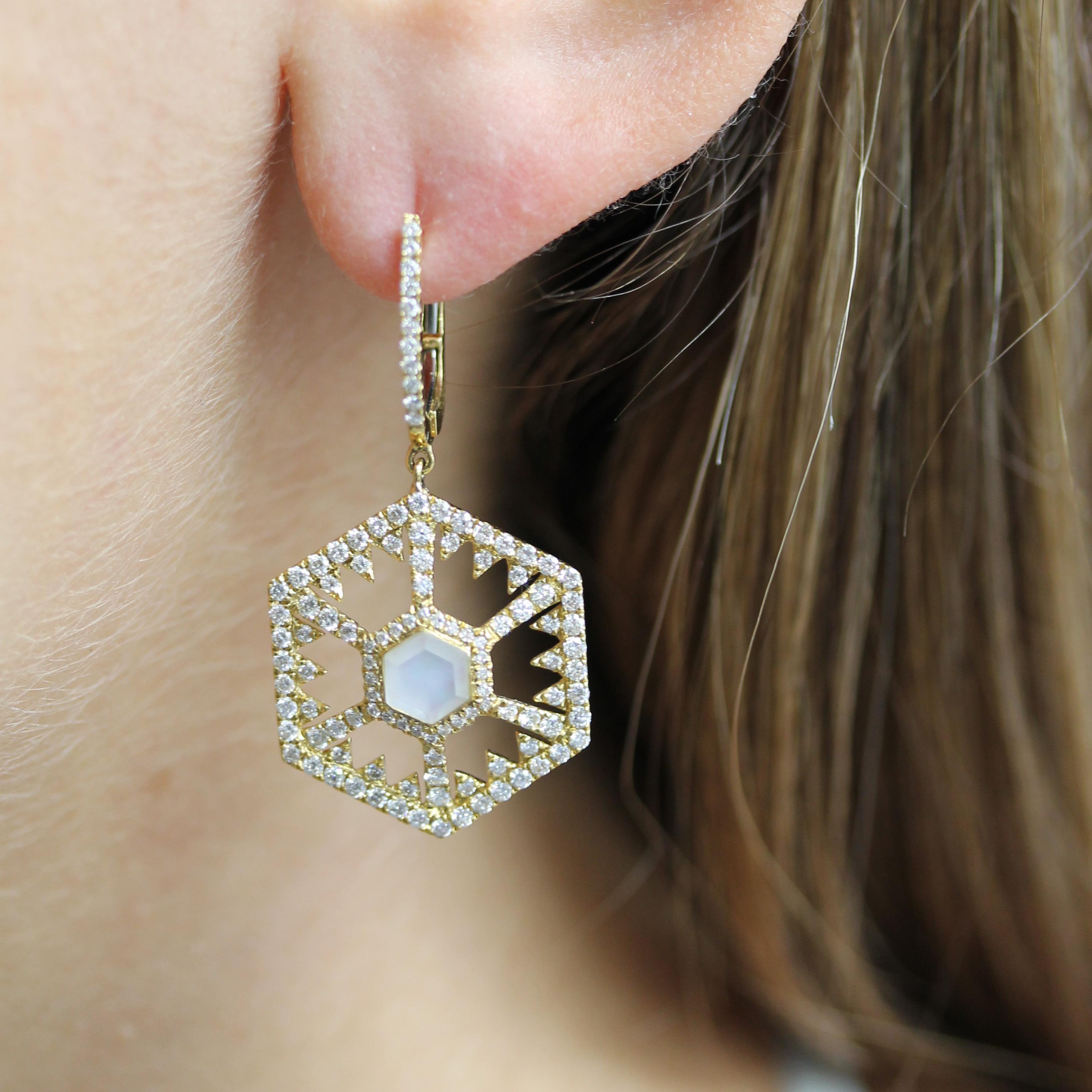 *PLEASE ALLOW 4-6 WEEKS FOR DELIVERY*

White Orchid Collection Hexagonal Earrings, with White Mother of Pearl and White Quartz Doublets, and gold diamond huggie-tops, in 18K yellow gold. 224 diamonds make these earrings shine in any season. White