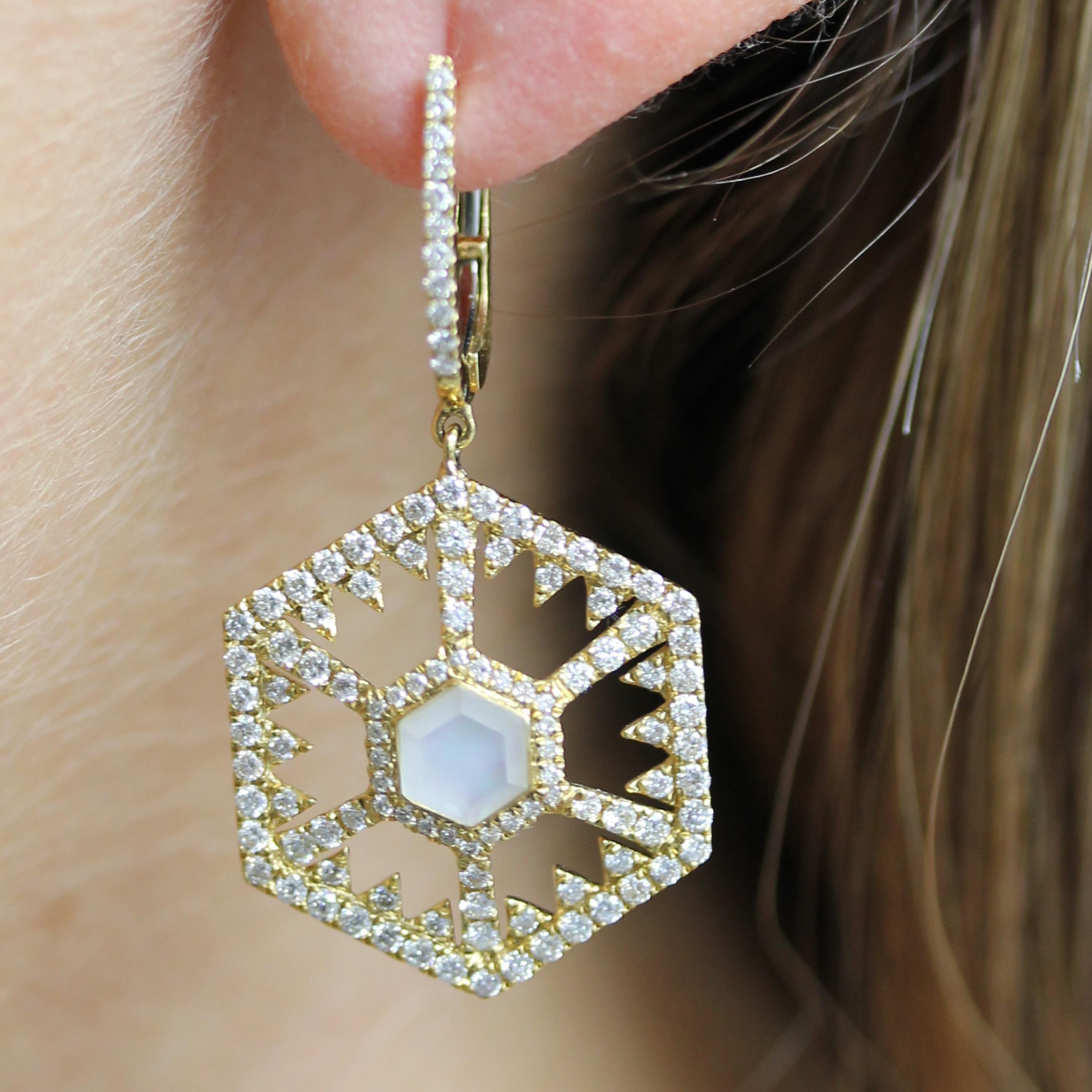 Contemporary 18 Karat Gold Hexagon Dangle Earrings w/White Mother of Pearl, Quartz & Diamonds For Sale