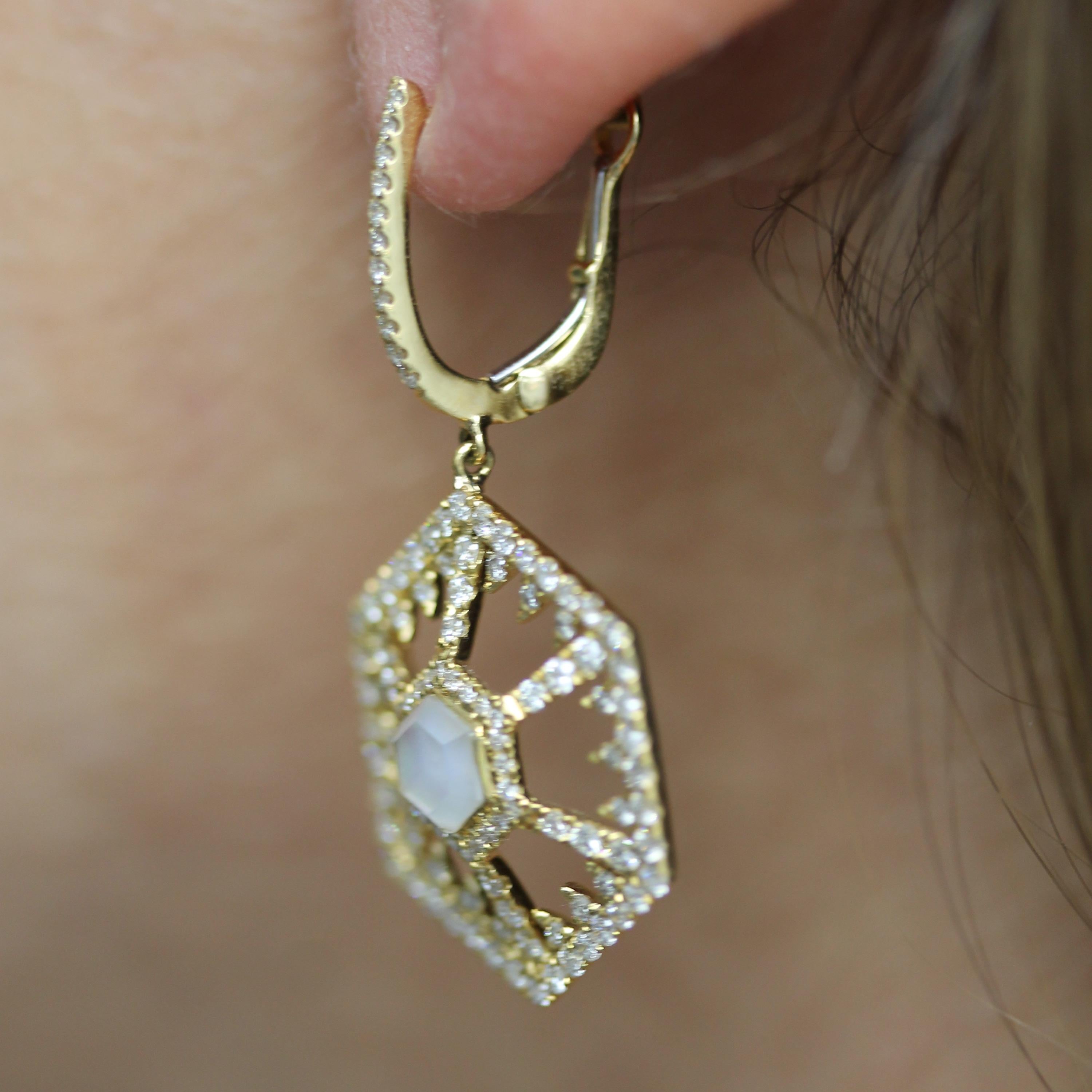 Hexagon Cut 18 Karat Gold Hexagon Dangle Earrings w/White Mother of Pearl, Quartz & Diamonds For Sale