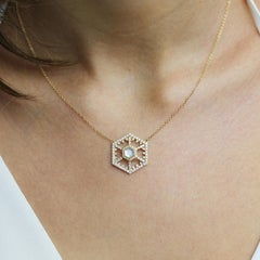 18K Gold Hexagon Fashion Necklace with White Mother of Pearl Quartz and Diamonds