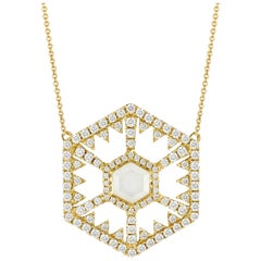 18K Gold Hexagon Fashion Necklace with White Mother of Pearl Quartz and Diamonds