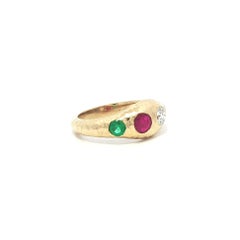 18k Gold High Quality 0.81ctw Emerald Ruby Sapphire & Diamond Hammered Band Ring