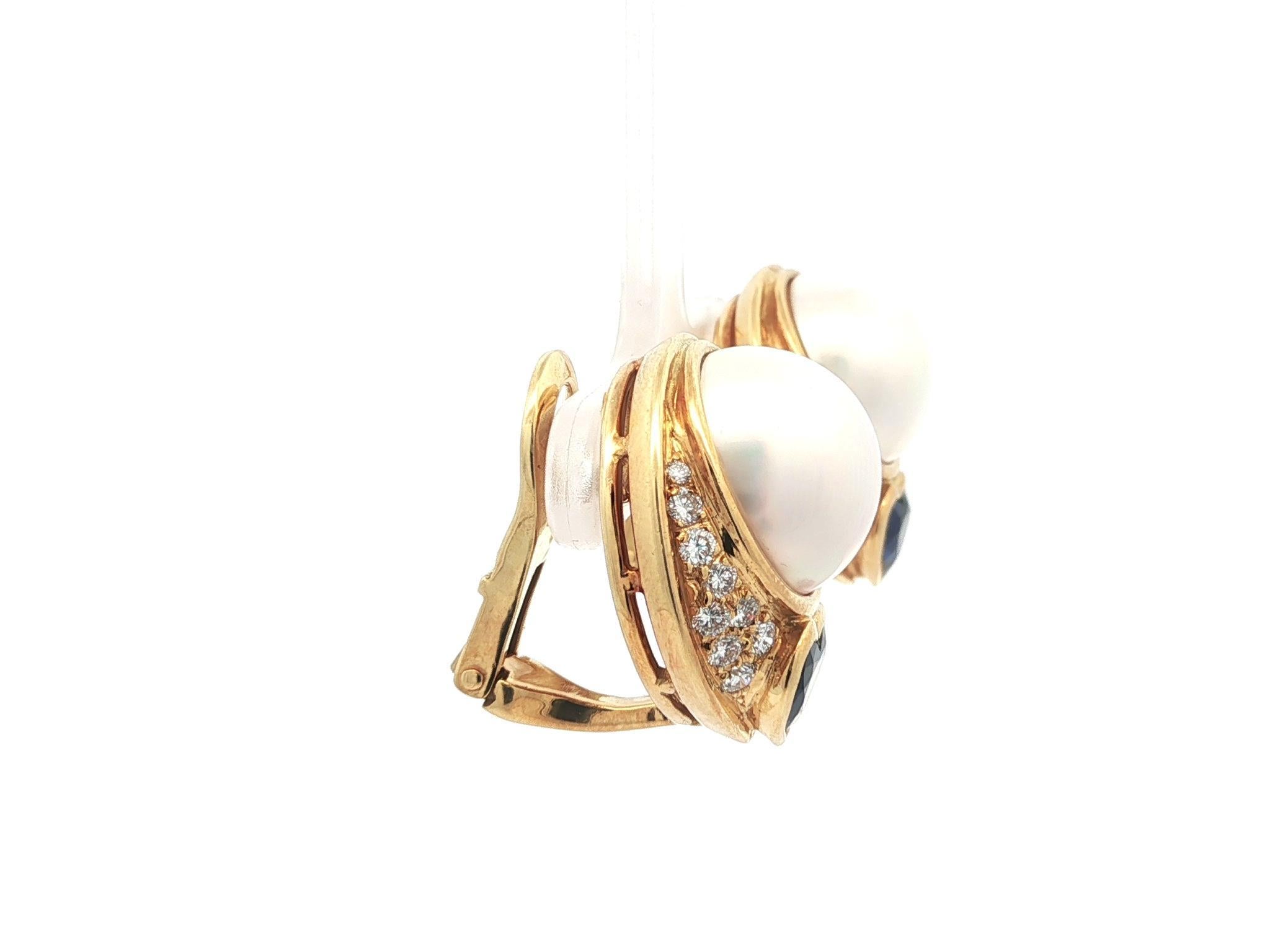 Boucles d'oreilles clips en or 18k avec perle Mabe, diamant et saphir en forme de coeur Pour femmes en vente