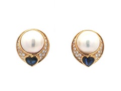 18k Gold High Quality Mabe Pearl w/ Diamond & Heart Sapphire Clip On Earrings