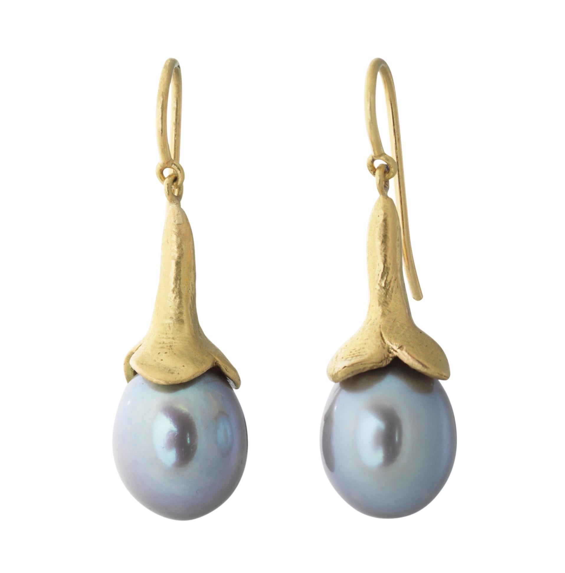 Cabochon 18k Gold Hook Earrings with Pear-Shaped Amazonite Drops For Sale