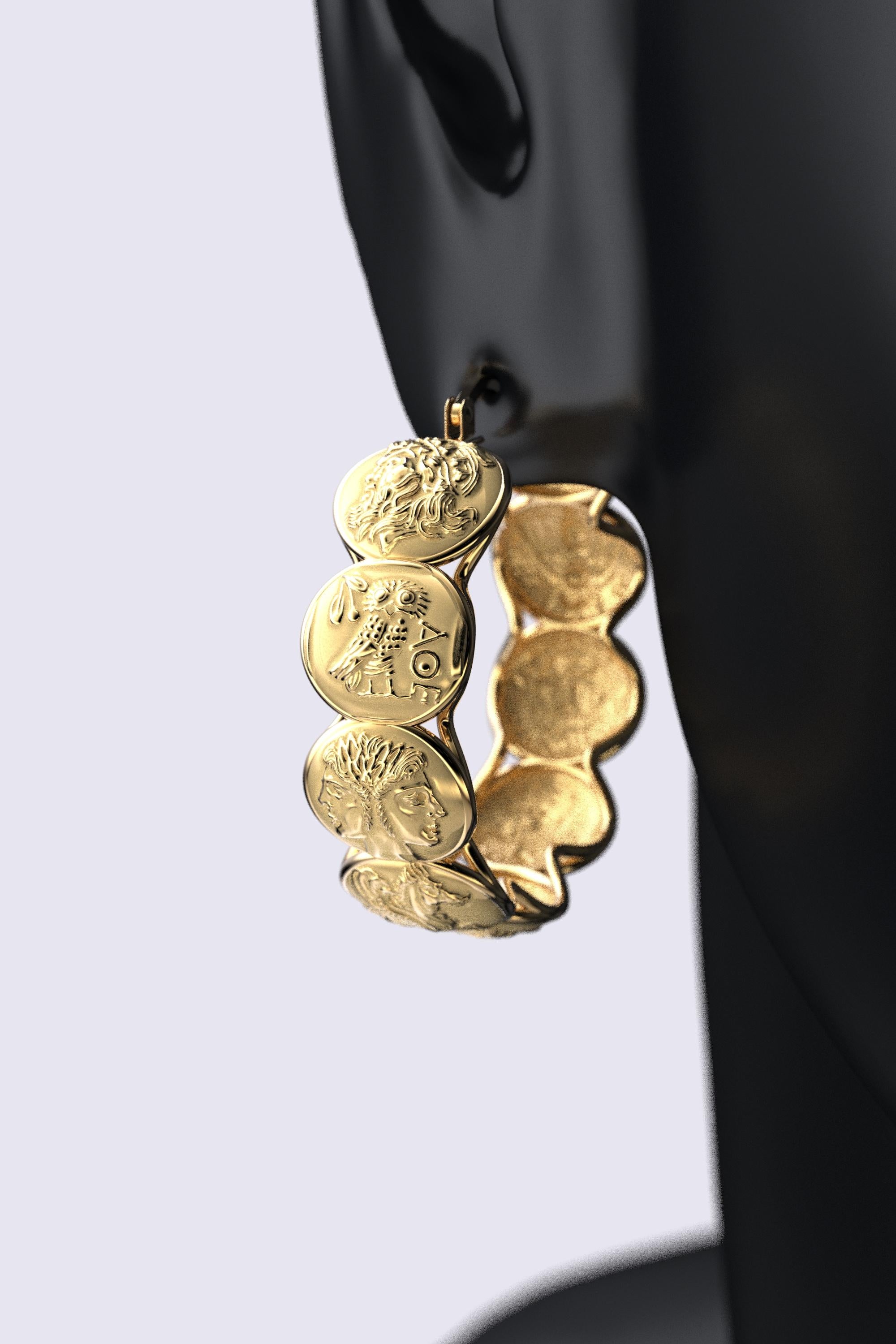 Boucles d'oreilles en or 18k inspirées des pièces de monnaie de la Grèce antique, réalisées uniquement sur commande. en vente 5