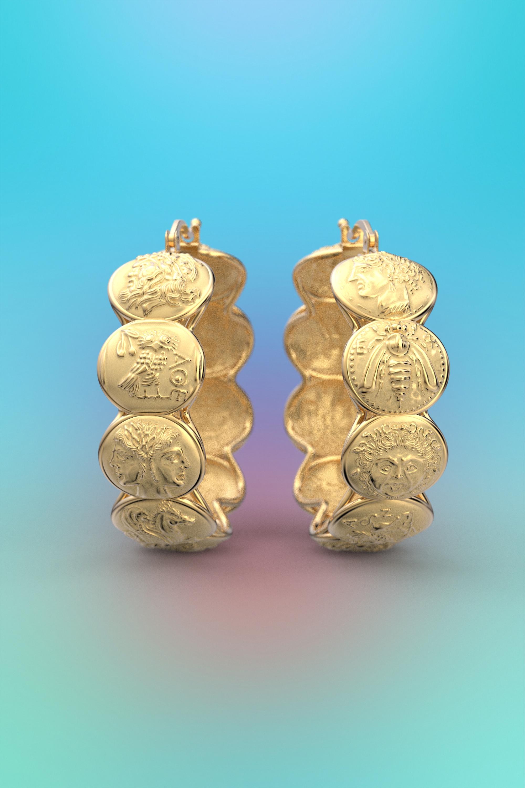 Welcome to Oltremare Gioielli, where we present our exquisite Gold Hoop Earrings inspired by the allure of ancient Greek coins. Each pair is meticulously crafted to order, exclusively available in your choice of 14k or 18k gold. Designed and