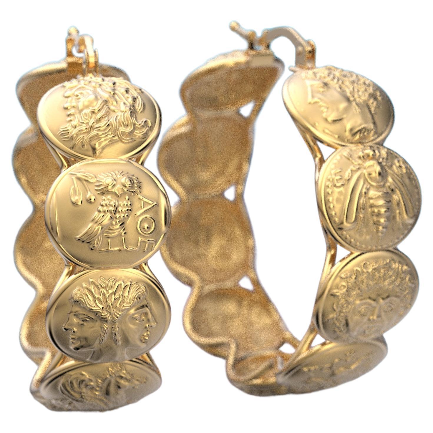 18k Gold hoop earrings inspired by ancient Greek coins, only made to order. For Sale