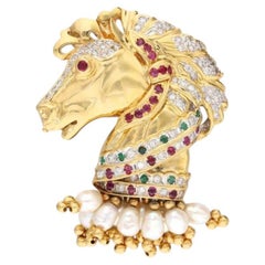18K Gold Horse Pin Brooch with 1.95ct Diamonds 0.66ct Ruby 0.3ct Emerald