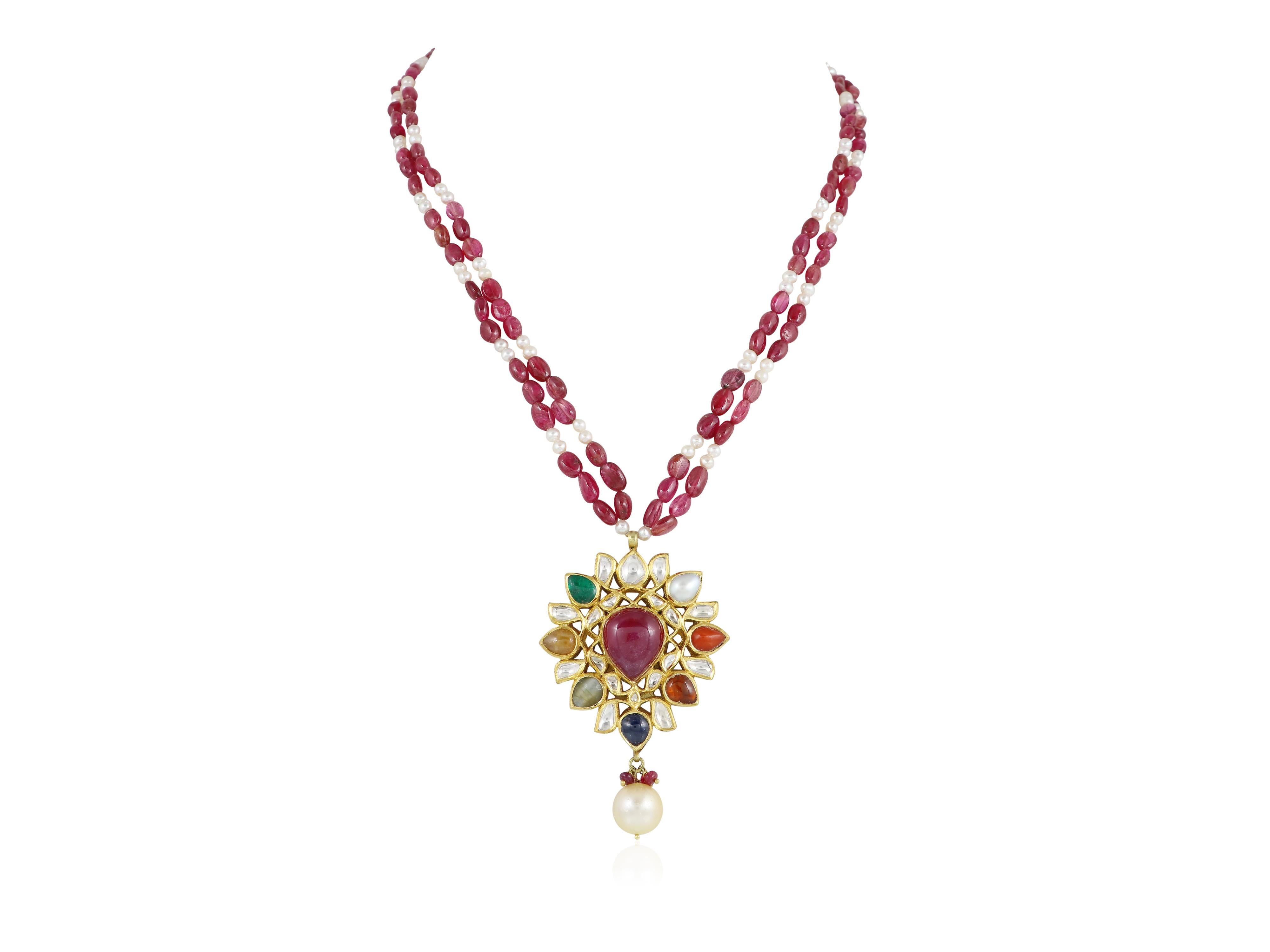 Cabochon Pendente indiano Jadau navratna polki in oro 18K  Ciondolo Kundan Meena polki in vendita