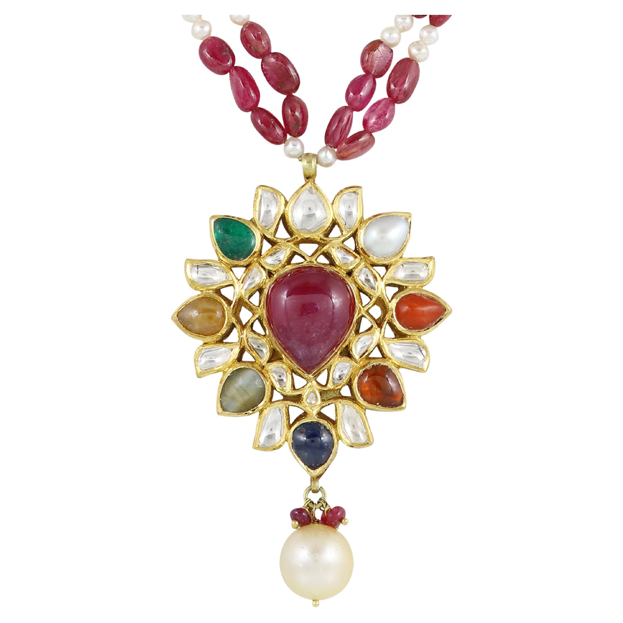 Pendentif Jadau navratna polki indien en or 18K  Pendentif Meena polki Kundan