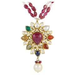18K gold Indian Jadau navratna polki pendant  Kundan Meena polki pendant
