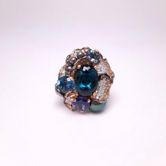 18K Gold Indigo Blue Tourmaline, Peacock Green Tahiti Pearl Diamond Ring
