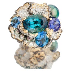 18K Gold Indigo Blue Tourmaline, Peacock Green Tahiti Pearl Diamond Ring
