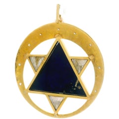 18k Gold Inlaid Gemstone w/ Diamond & Pearl Large Circle Star Of David Pendant