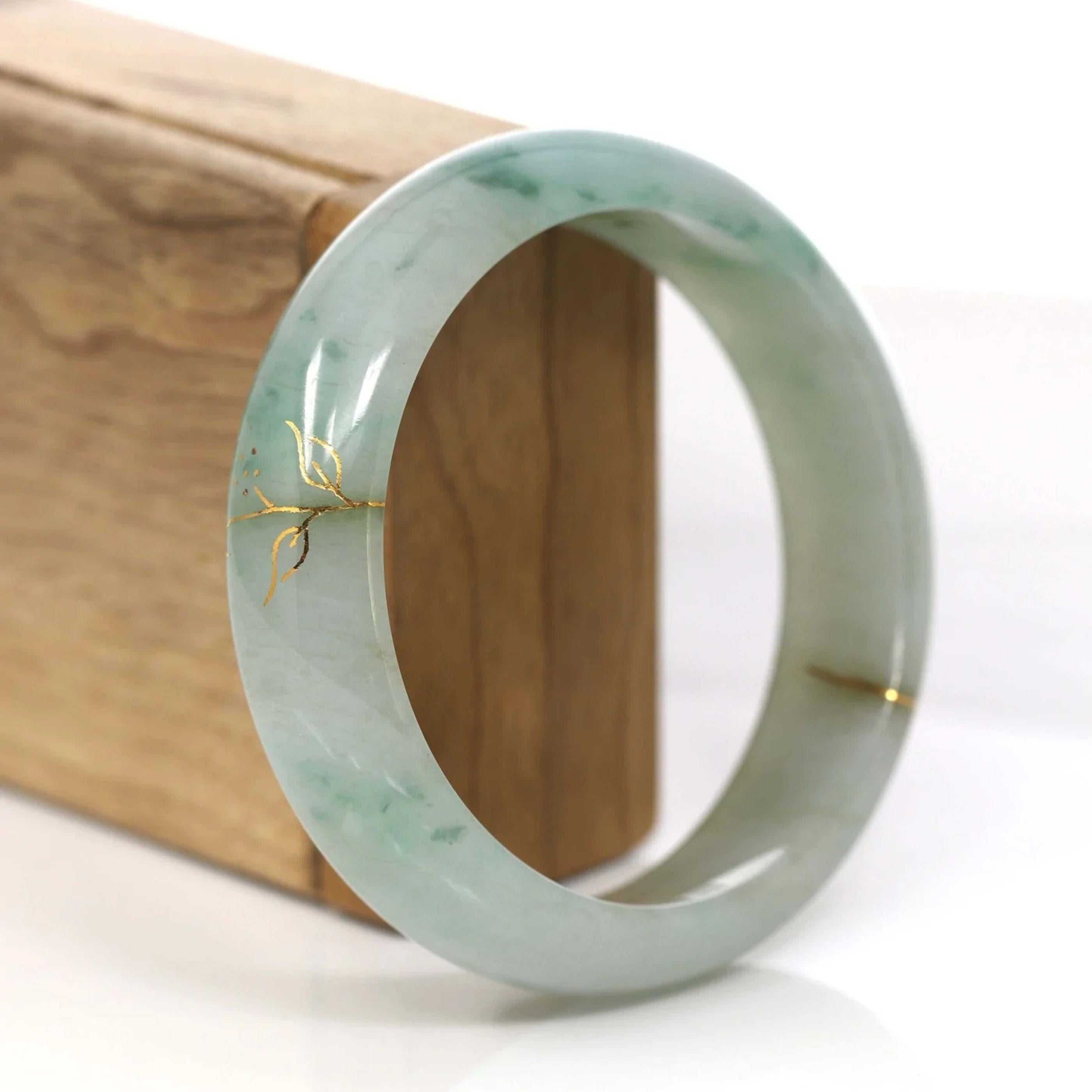  * DETAILS--- Genuine Burmese Jadeite Jade Bangle Bracelet. This bangle is made with high-quality genuine Burmese Ice blue-green Jadeite jade, The jade texture is so smooth and translucent. The blue-green color and translucent inlaid with 18k rose