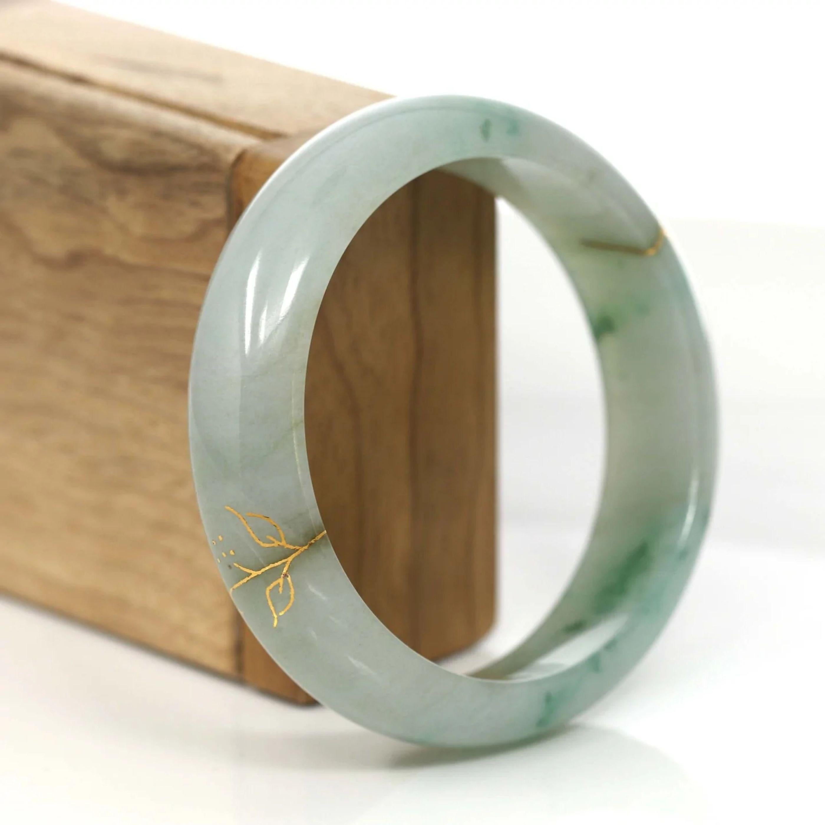 Round Cut 18k Gold Inlaid Real Jadeite Jade Bangle Bracelet #791 For Sale