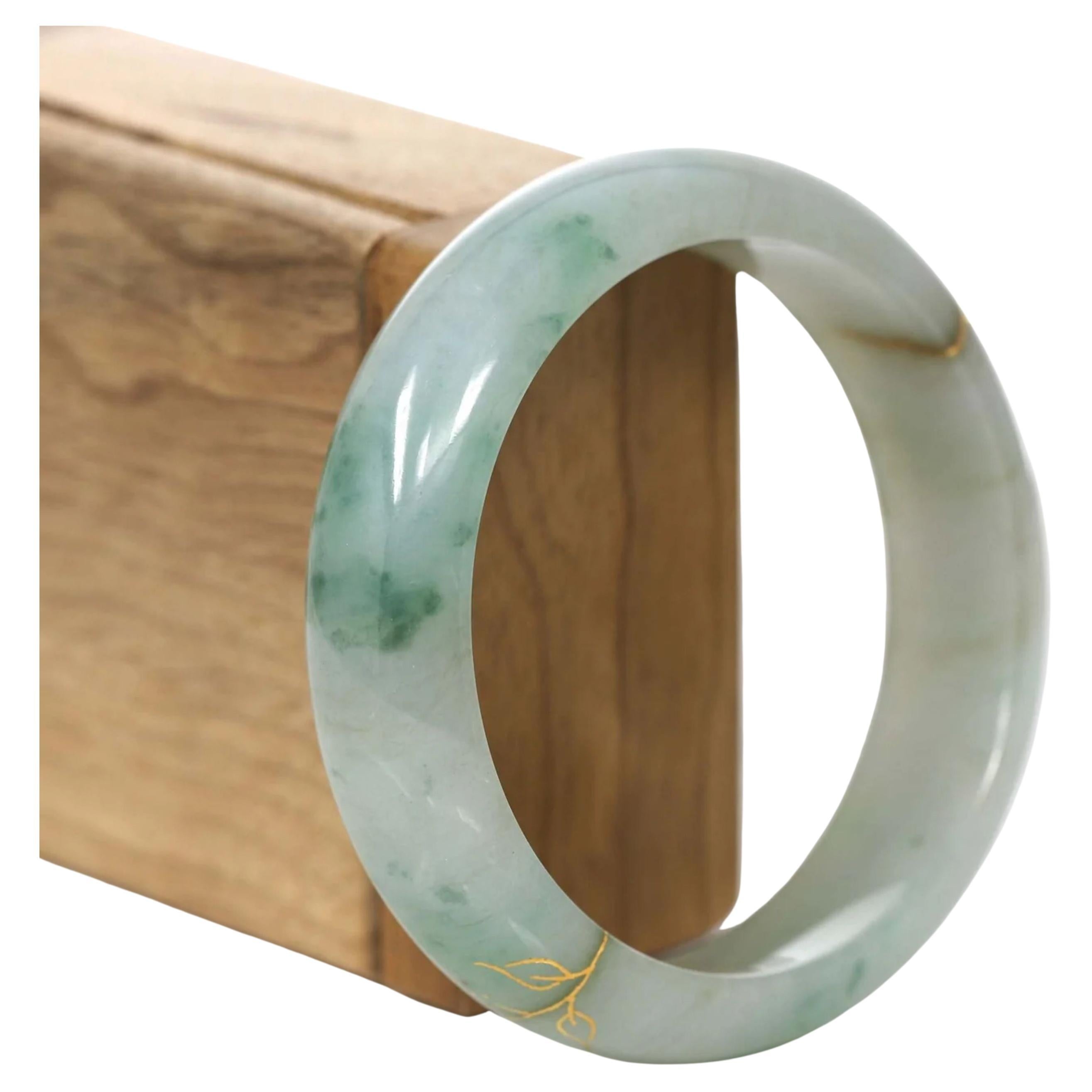 18k Gold Inlaid Real Jadeite Jade Bangle Bracelet #791 For Sale