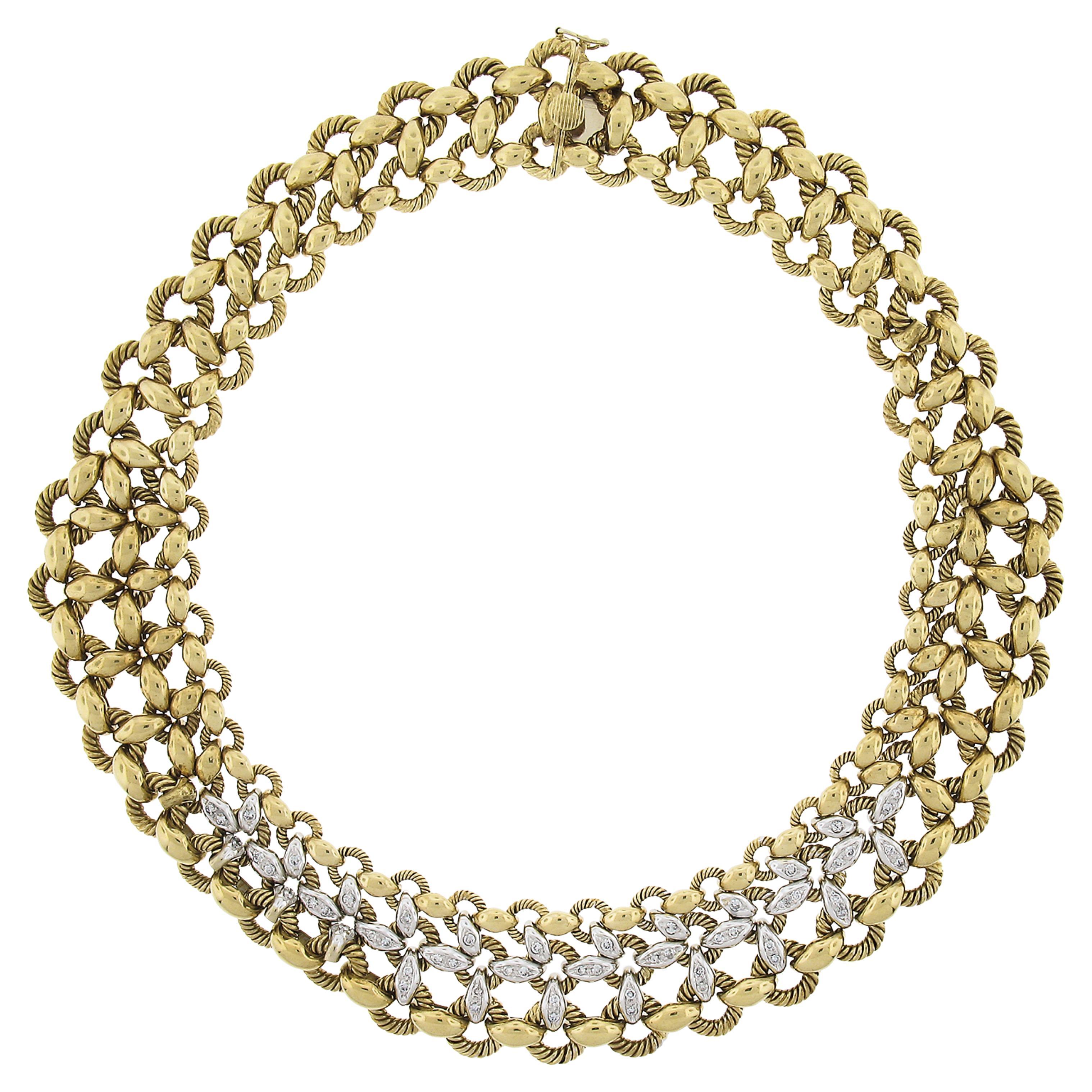 18k Gold Interlocking Diamond Cable & Polished Link Substantial Collar Necklace For Sale