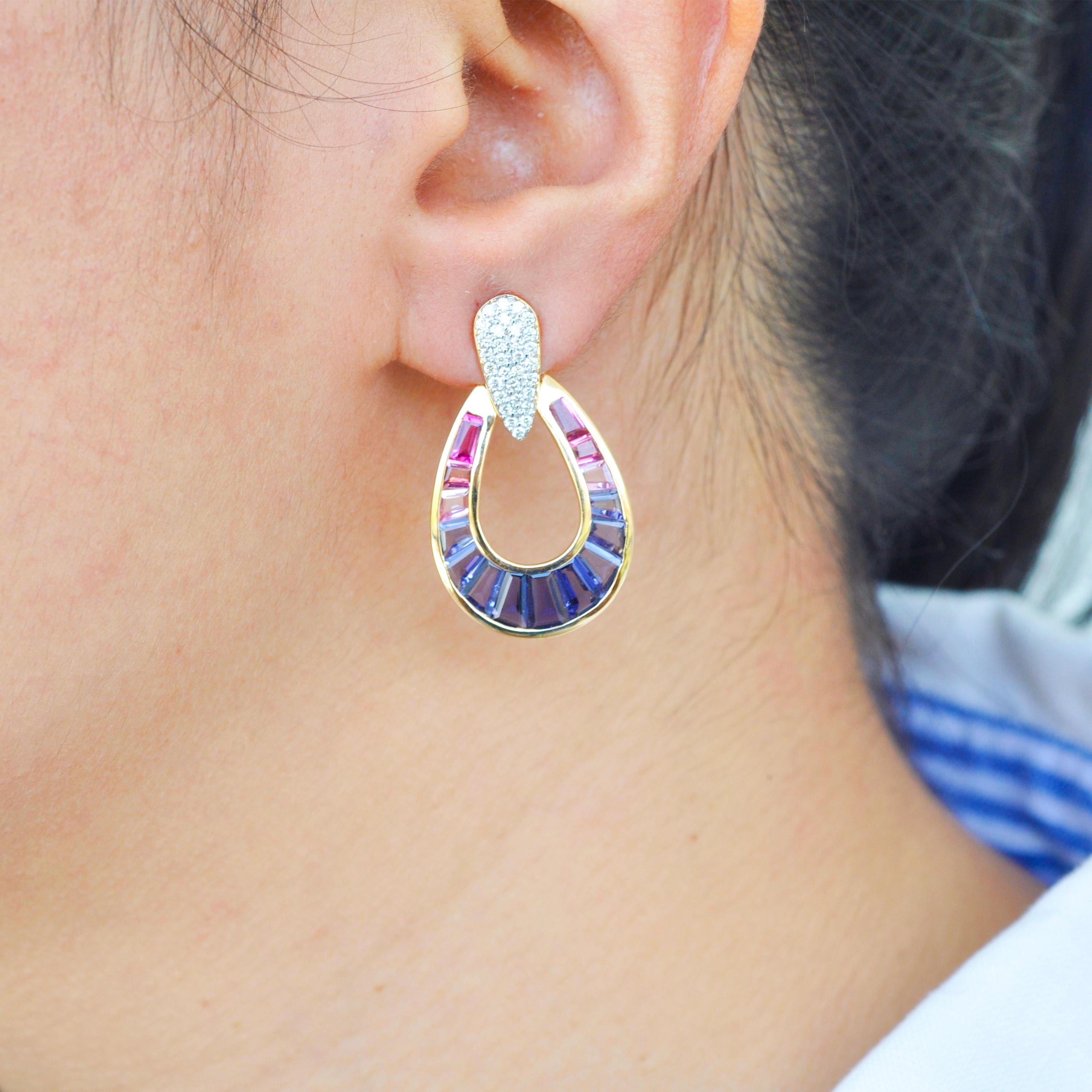 18K Gold Iolite Pink Tourmaline Contemporary Diamond Dangle Drop Earrings For Sale 5