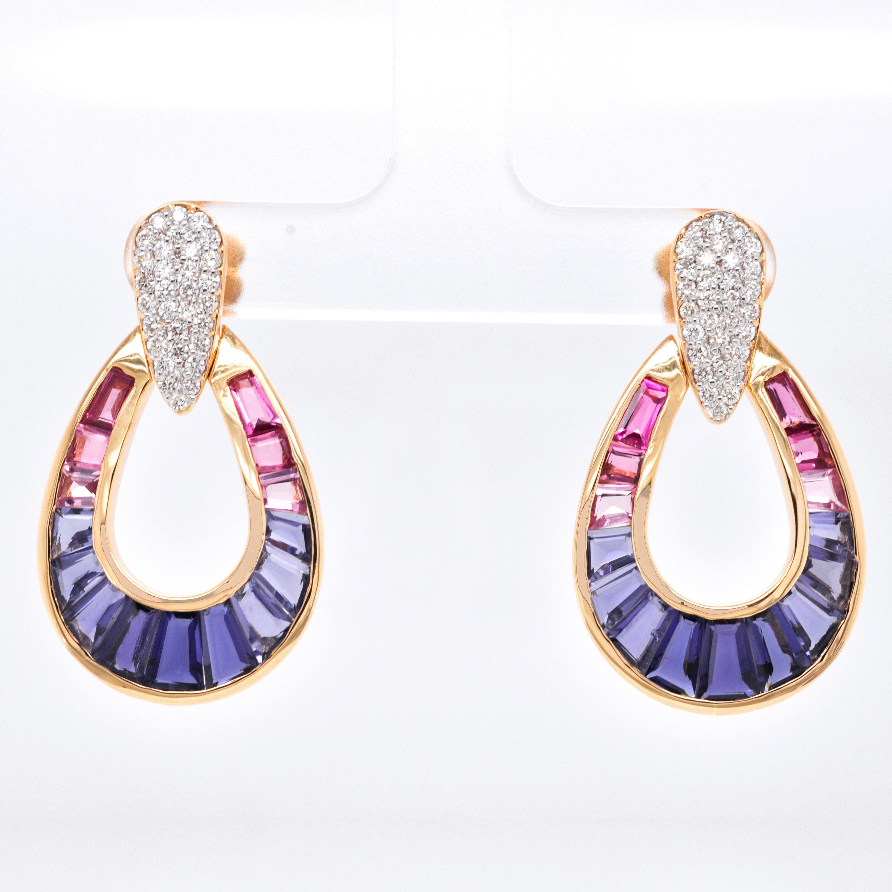 18K Gold Iolite Pink Tourmaline Contemporary Diamond Dangle Drop Earrings For Sale 6