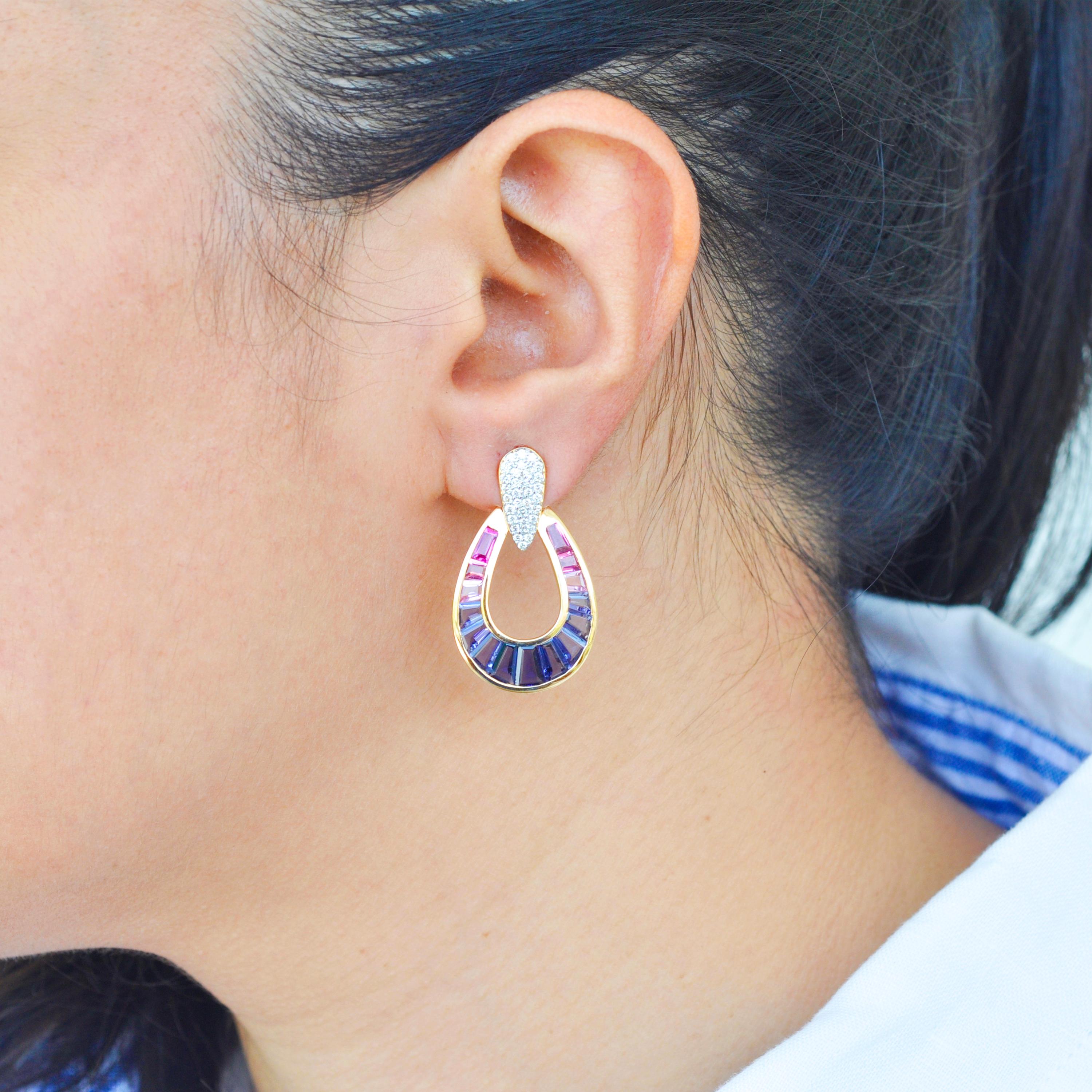 Absolutely stunning, these Iolite pink tourmaline dangle drop earrings are set in 18 karat gold using best international alloys. The perfectly crafted tear drop or as some people call it raindrop earrings are made with a lot of work by the experts