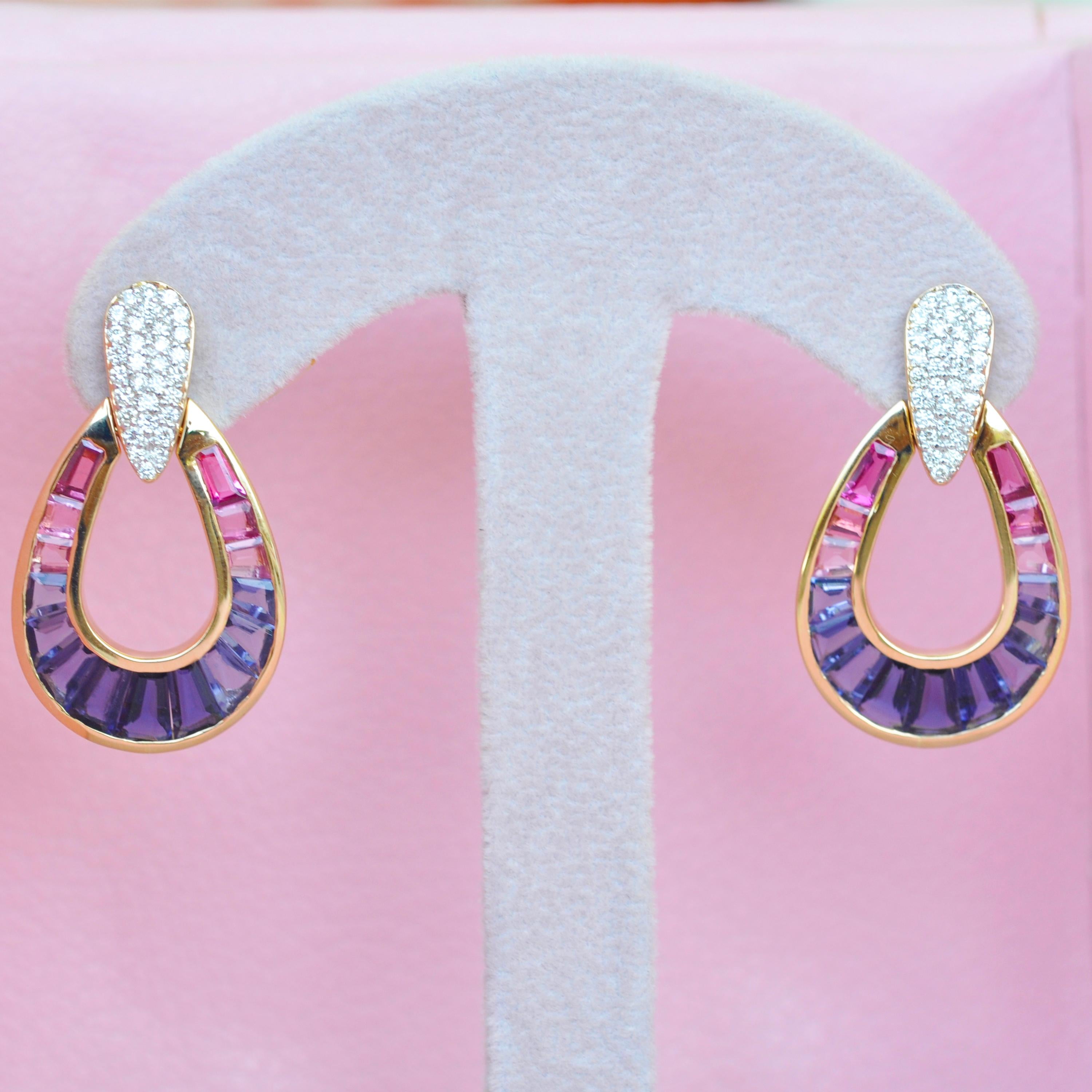 18K Gold Iolite Pink Tourmaline Contemporary Diamond Dangle Drop Earrings In New Condition For Sale In Jaipur, Rajasthan