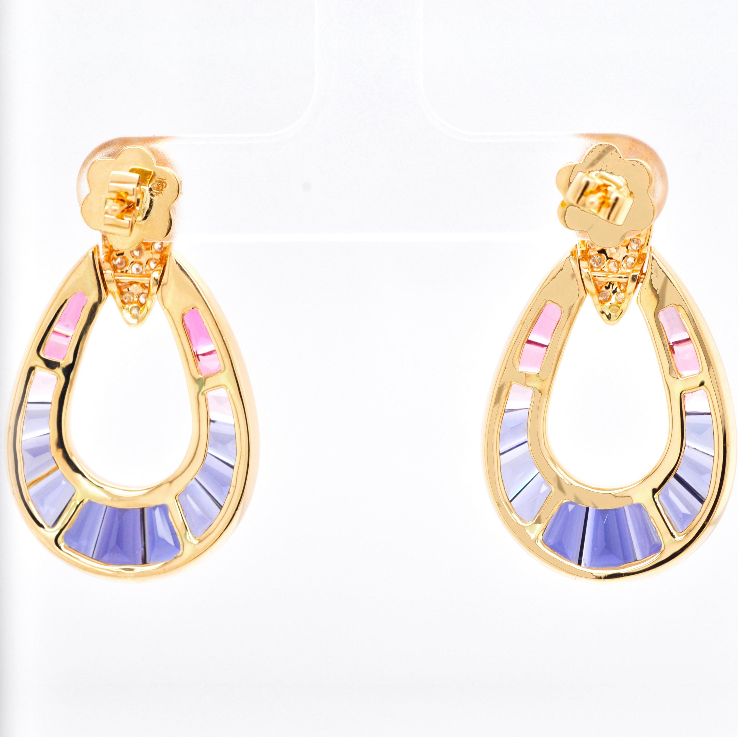 Women's 18K Gold Iolite Pink Tourmaline Contemporary Diamond Dangle Drop Earrings For Sale