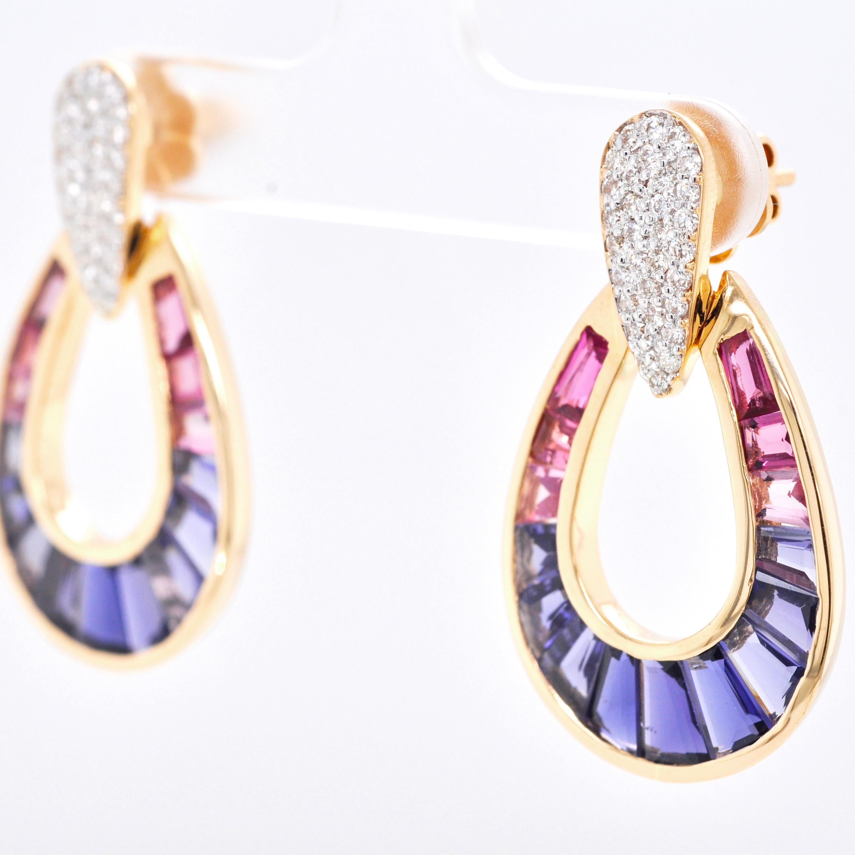 18K Gold Iolite Pink Tourmaline Contemporary Diamond Dangle Drop Earrings For Sale 2