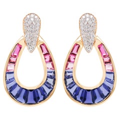 18K Gold Iolite Pink Tourmaline Contemporary Diamond Dangle Drop Earrings