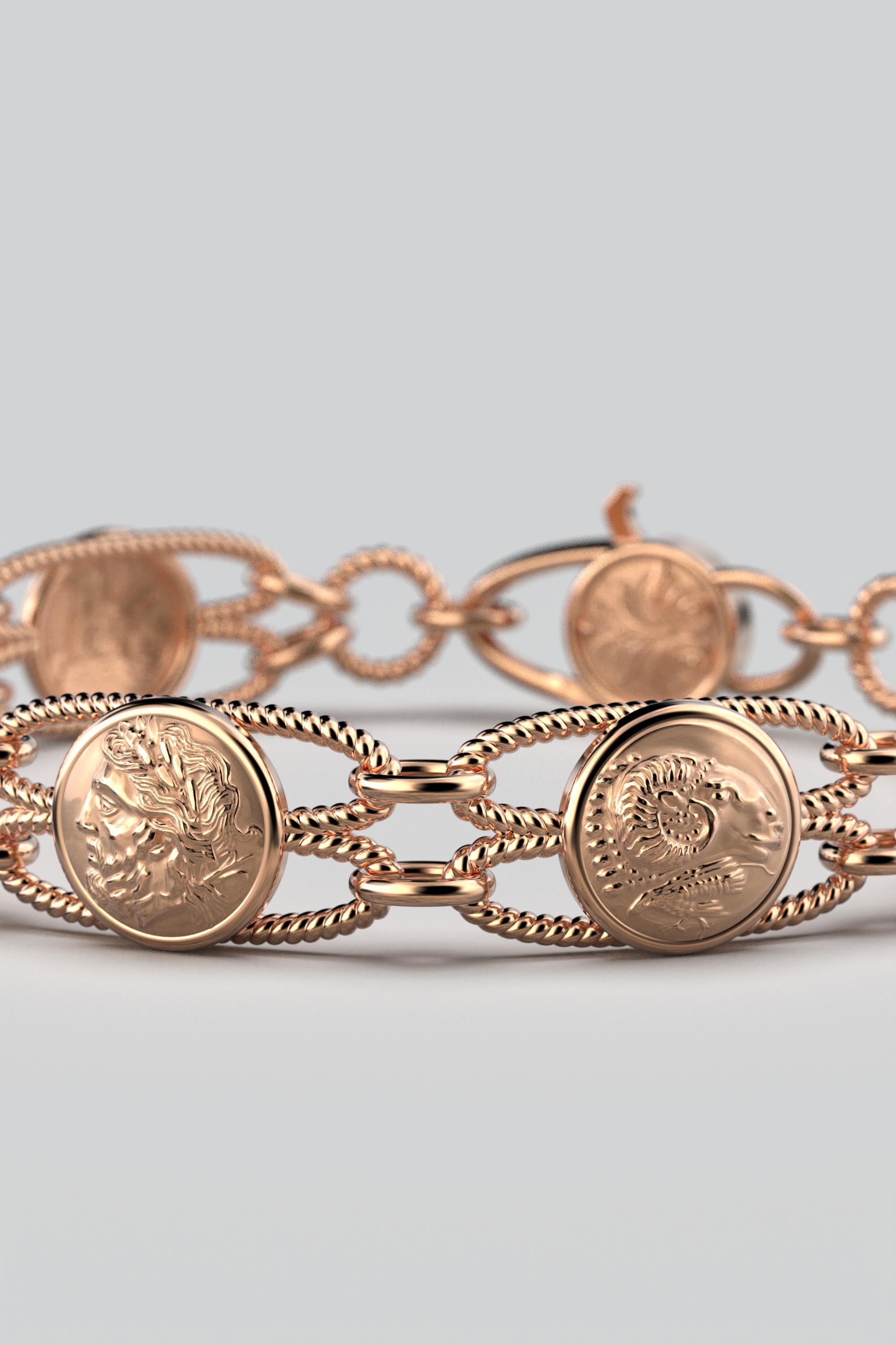 Women's 18k Gold Italian Bracelet Made in Italy by Oltremare Gioielli, Greek Style Coin For Sale