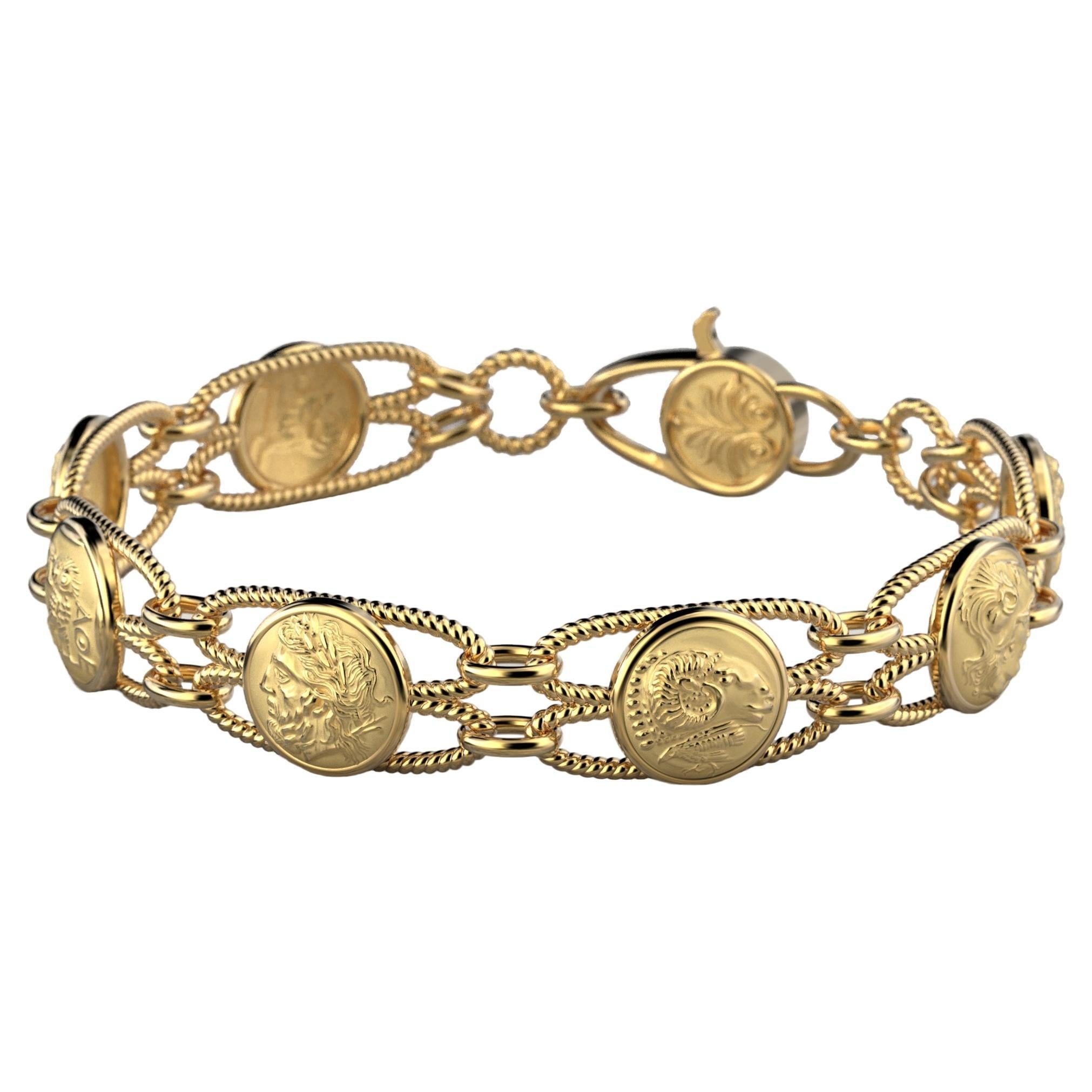 18k Gold Italian Bracelet Made in Italy by Oltremare Gioielli, Greek Style Coin For Sale