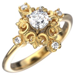 18k Gold Italian Diamond Engagement Ring in Baroque Style by Oltremare Gioielli