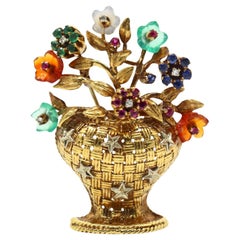 18K Gold Italian En Tremblant Gem Set Flower Vase Brooch