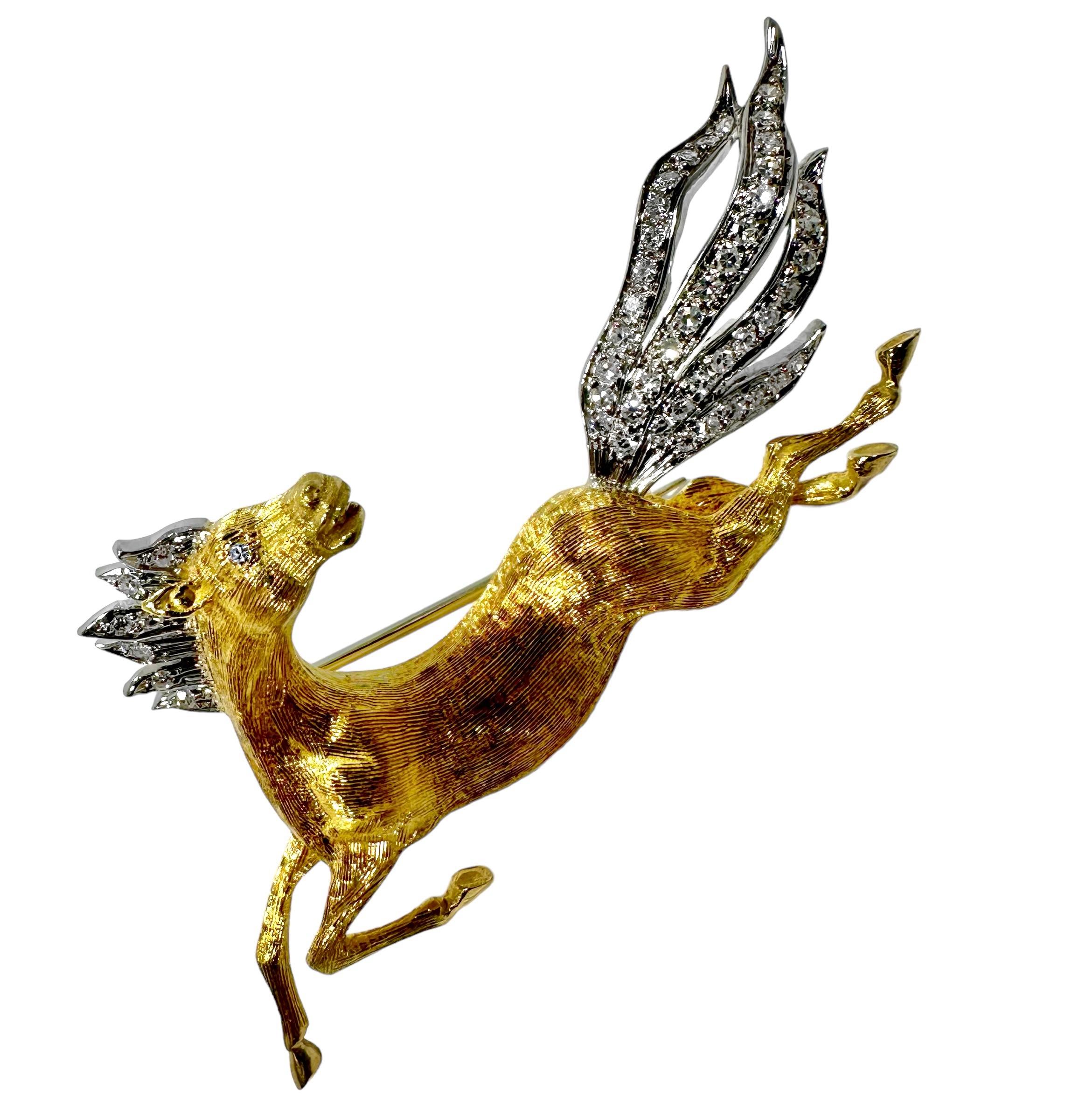 This very realistic 18k yellow and white gold rendition of a wild horse running at full gallop is an absolute delight. The sense of motion is palpable, with the diamond set mane and tail flowing in the wind, and legs pounding the earth. In addition,