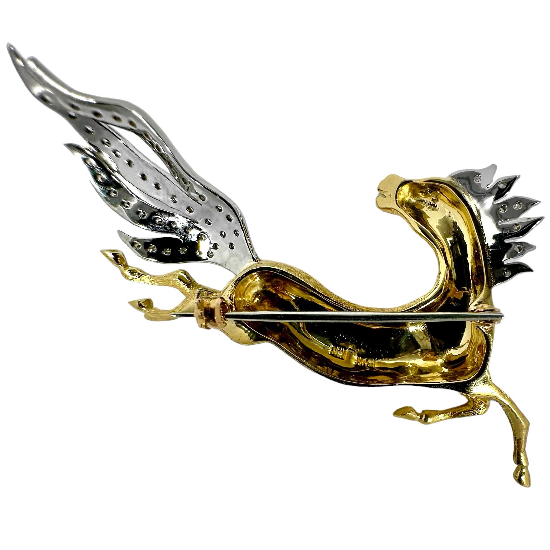 Modern 18k Gold Italian Galloping Horse Brooch with Diamond Mane and Diamond Tail For Sale