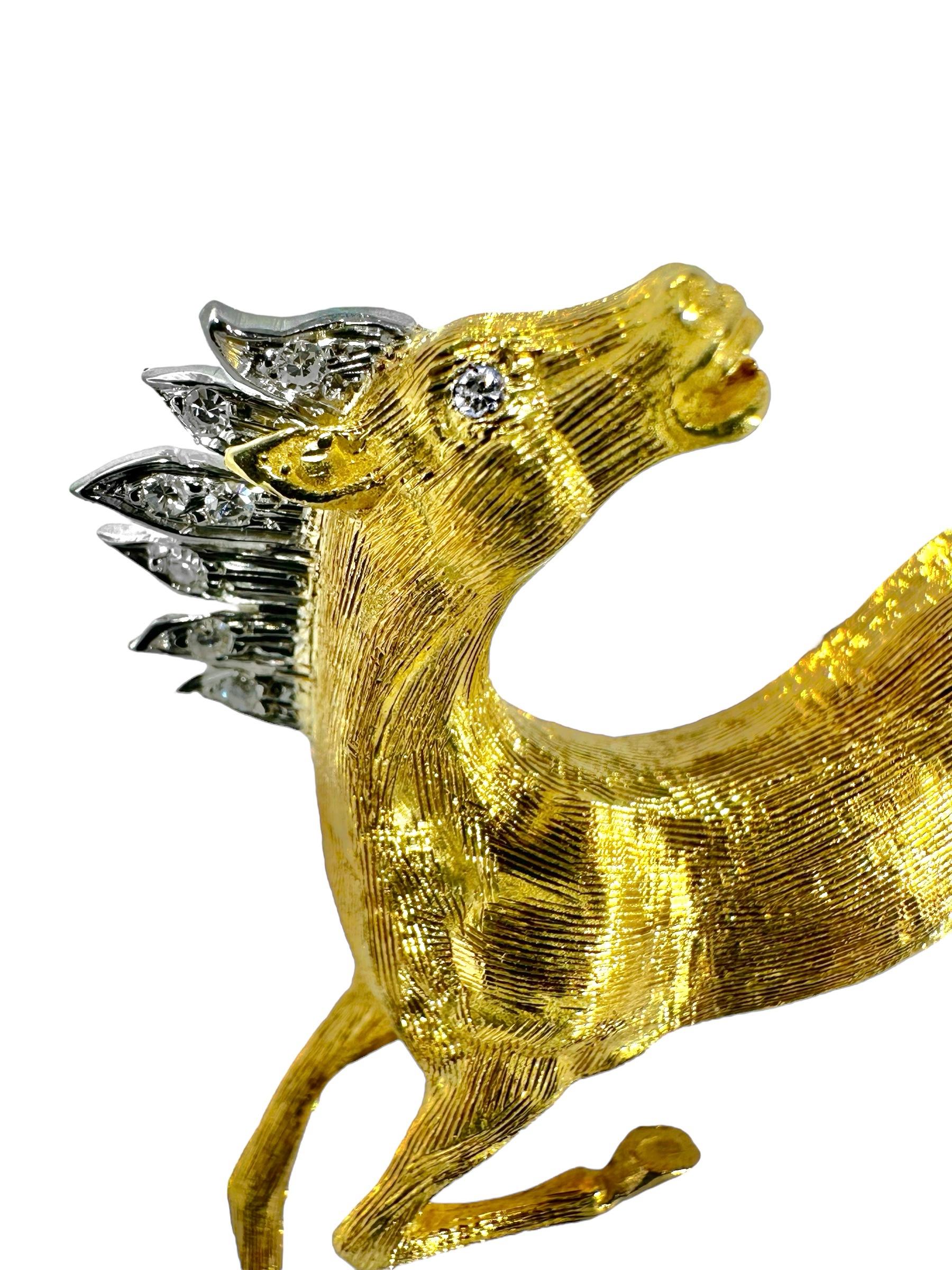 Single Cut 18k Gold Italian Galloping Horse Brooch with Diamond Mane and Diamond Tail For Sale