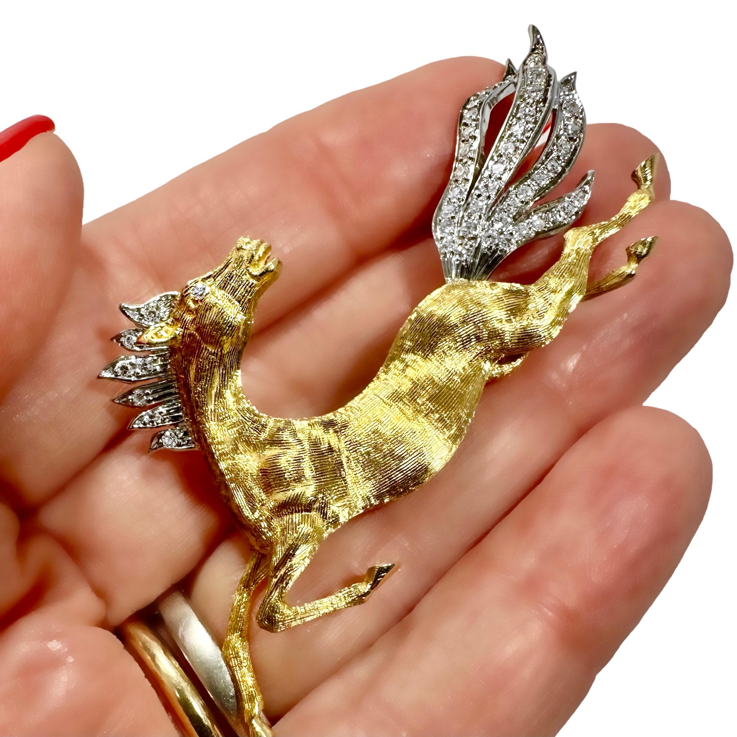 18k Gold Italian Galloping Horse Brooch with Diamond Mane and Diamond Tail For Sale 2