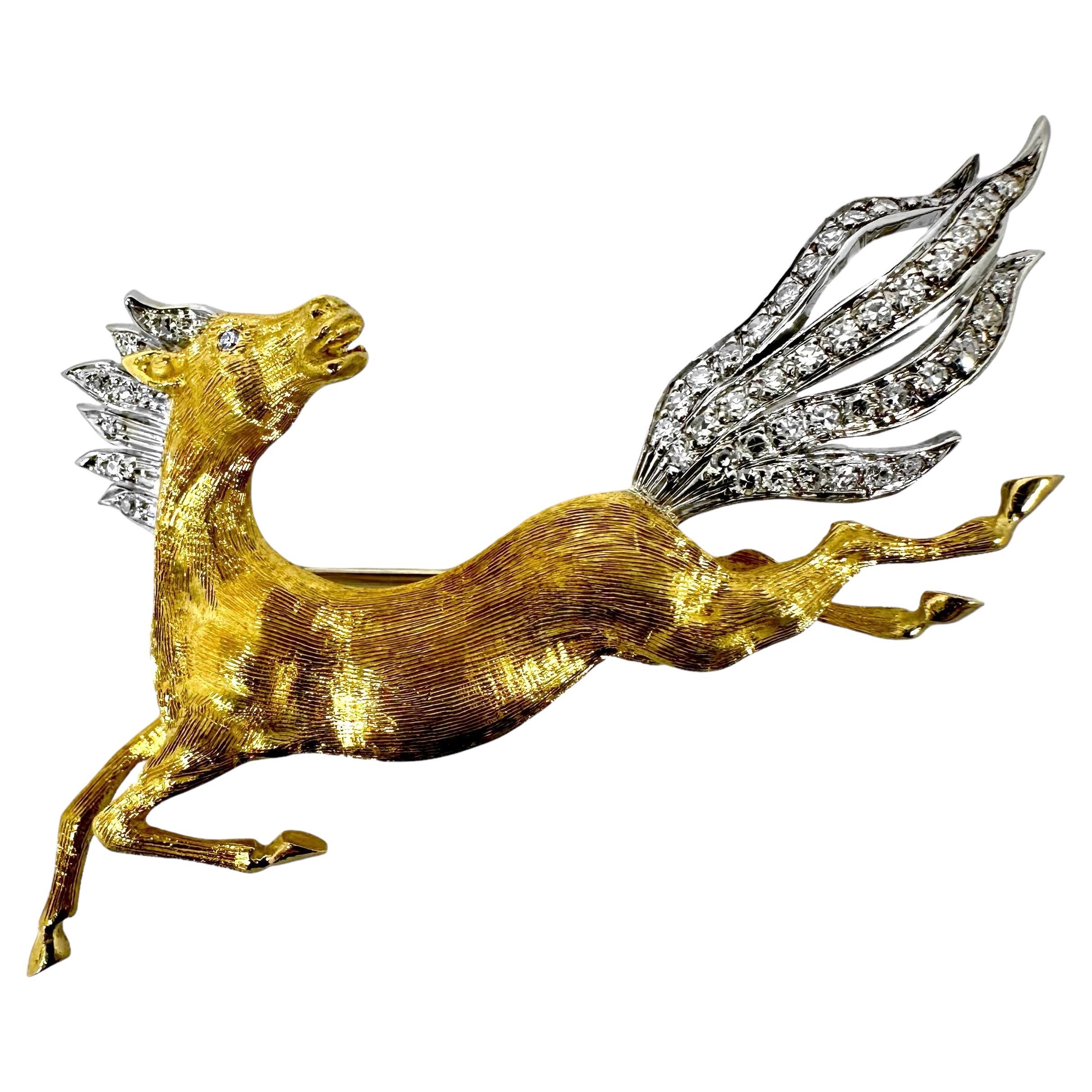 18k Gold Italian Galloping Horse Brooch with Diamond Mane and Diamond Tail