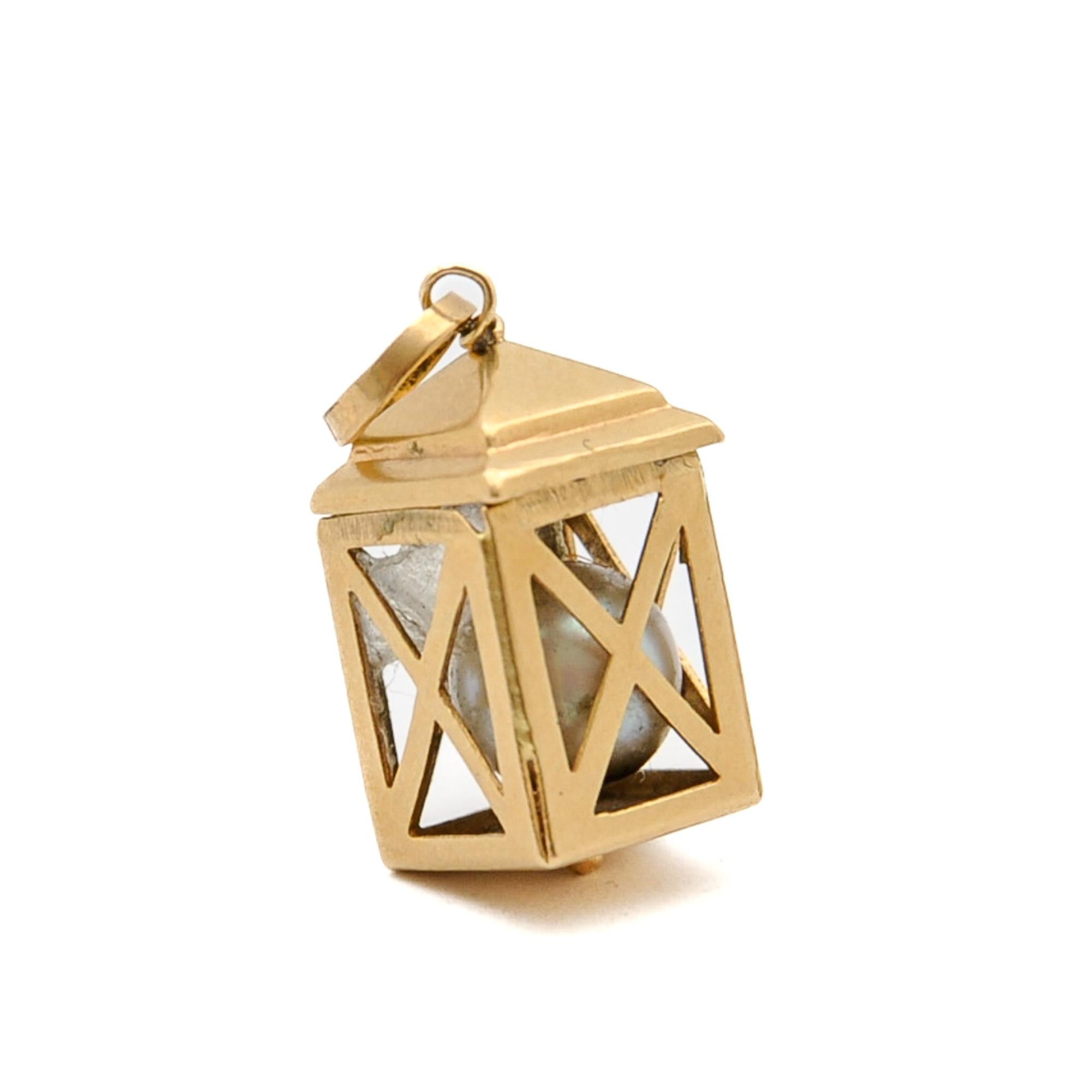 Vintage 18K Gold Italian Pearl Lantern Charm Pendant For Sale 1